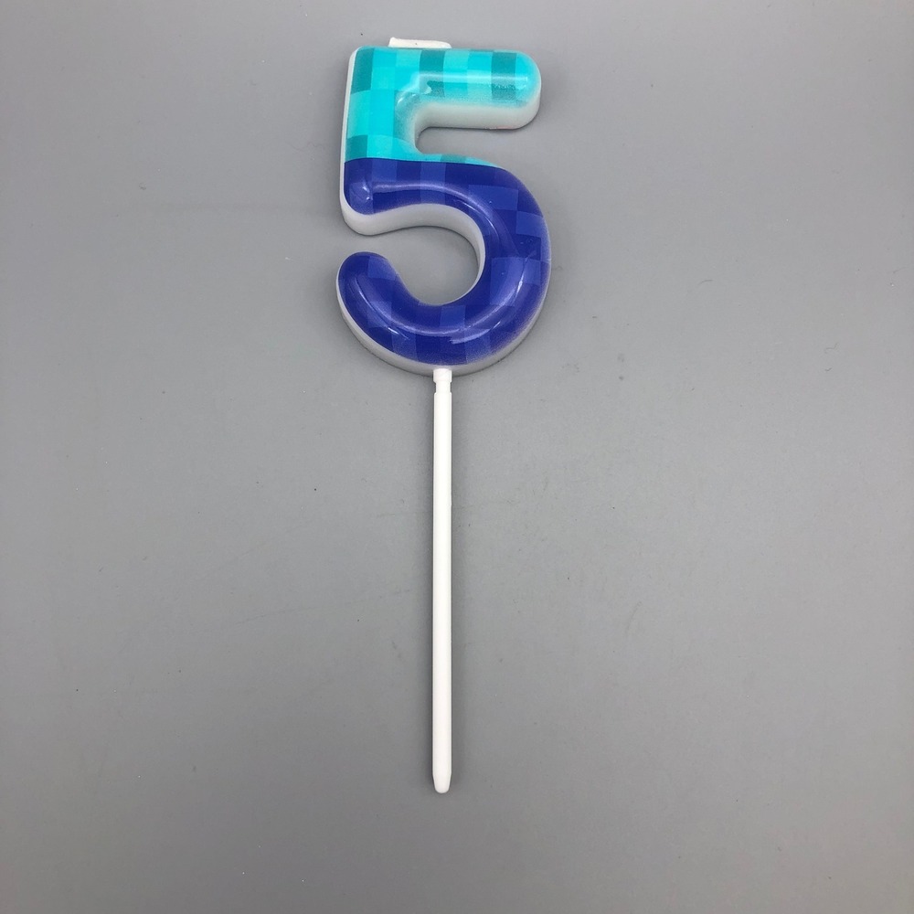 Pixel Gamer‎ Birthday Candle Number # 5 Blue Checkered Cake Topper Gaming Party
